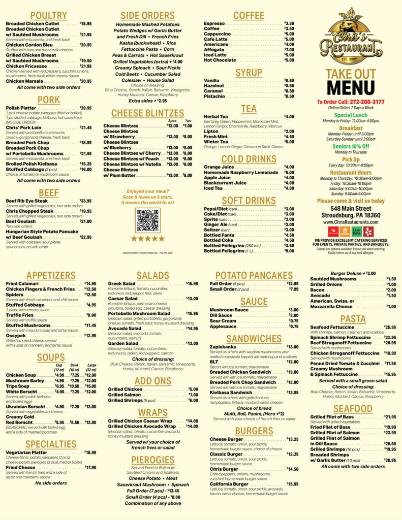 Chris's Restaurant Stroudsburg takeout menu